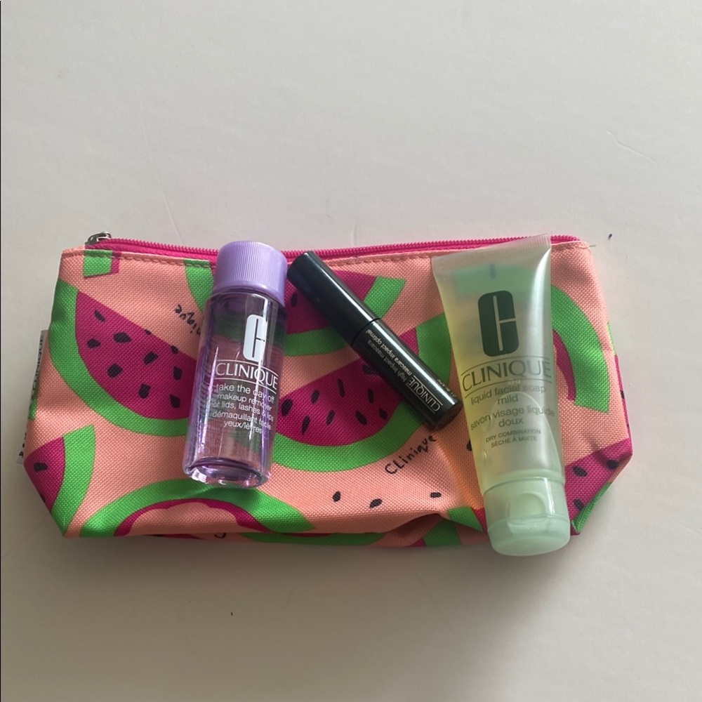Clinique Pink and Green watermelon with Makeup Essentials